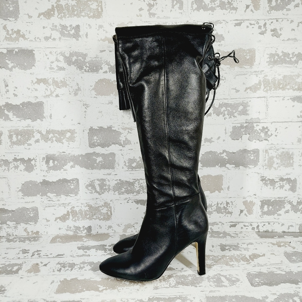 Kelsi Dagger Black Leather Over The Knee Ruffle Zip Lace Up Fashion Boots V590